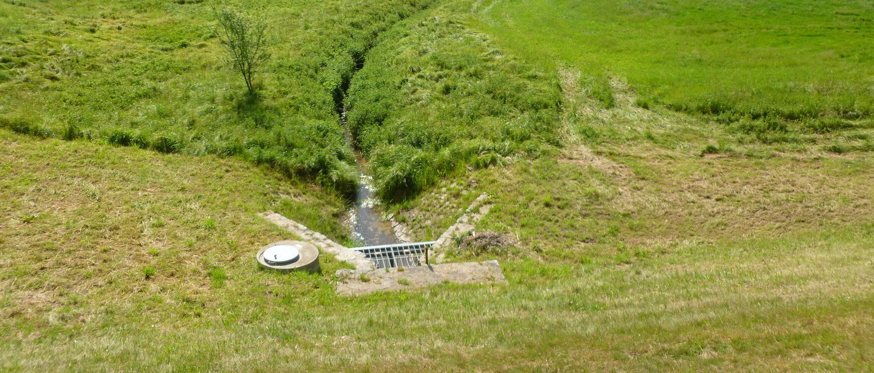 Blick herunter von einem begrünten Damm auf eine grüne Wiese durch die sich ein Fluss schlängelt, im Vordergrund das Auslaufgerinne