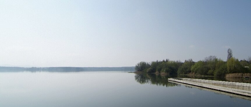 Blick auf einen See, rechts ragen ein paar Sträucher und Bäume Richtung Wasser