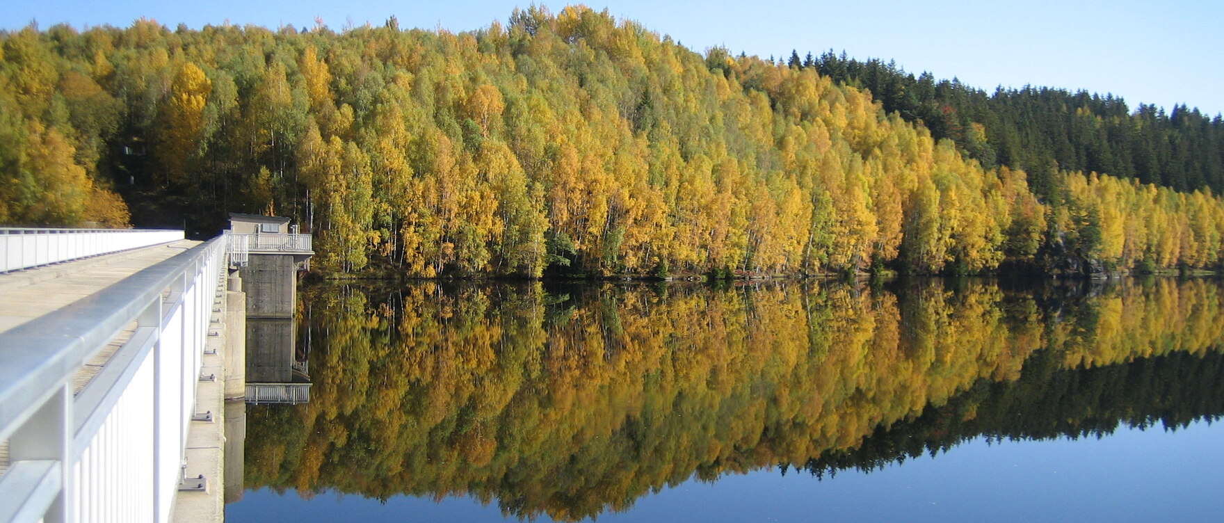 Blick über ein weißes Geländer einer Mauerkrone auf eine Wasserfläche und einen gelb-grün gefärbten Wald im Hintergrund