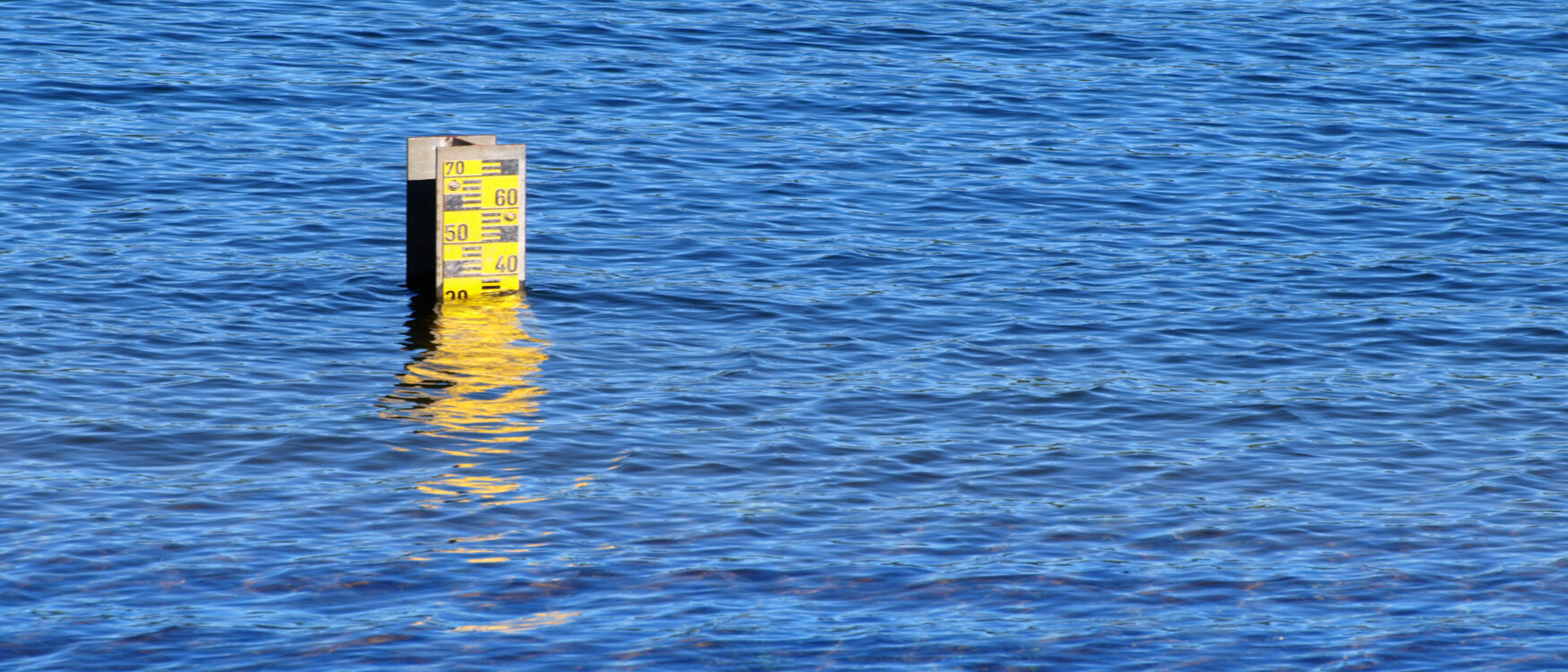 Das obere Stück einer Messlatte schaut aus einer Wasserfläche hervor