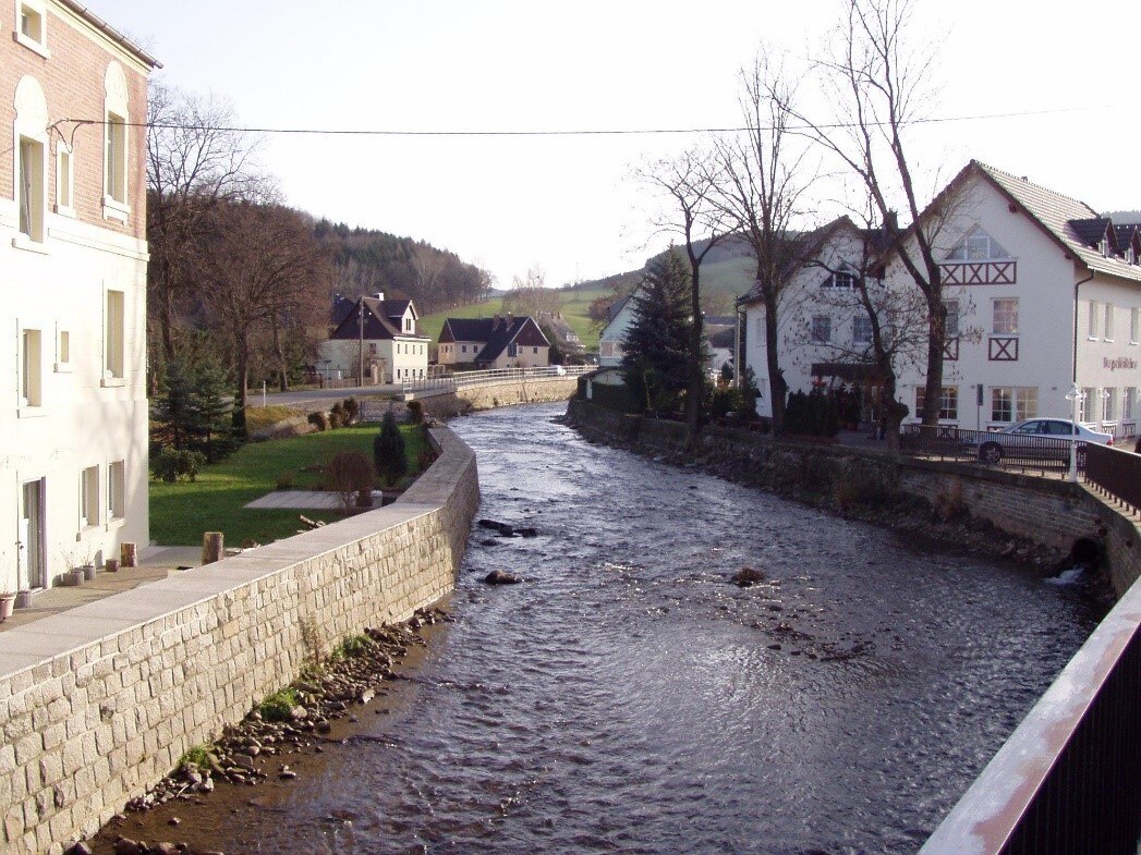 Blick auf einen Fluss mit angrenzender Bebauung und Ufermauer